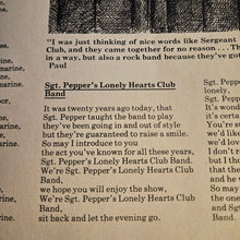 Text from 'Sgt. Pepper's Lonely Hearts Club Band' album on a textured paper background