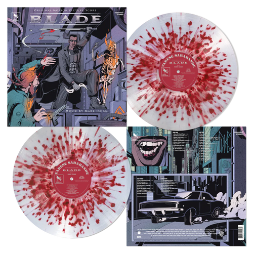 the album cover for Isham, Mark - Blade (Original Soundtrack) [Blood Splatter Clear vinyl]