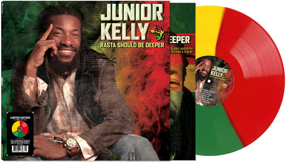 the album cover for Junior Kelly - Rasta Should Be Deeper [YELLOW/GREEN/RED SPLIT LP]