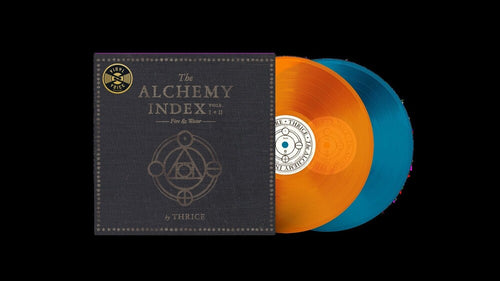 the album cover for Thrice - The Alchemy Index V.1 + V. II [Translucent Orange & Sea Blue vinyl]