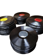 {{product_title}} - Vinyl & CDs at Curious Collections Record Store College Station, stacks of used vinyl records with colorful center labels