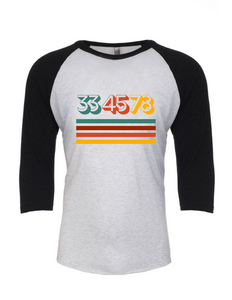 Curious Collections Vintage Colors "33 45 78 Record" Soft Tri-Blend Baseball Tee (Black and Heather White)